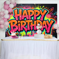 Lofaris Toile de fond d'anniversaire graffiti couleurs néon et éclaboussures, décor de fête urbain et moderne pour studio photo