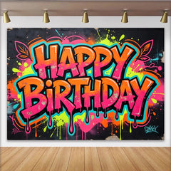 Lofaris Toile de fond d'anniversaire graffiti couleurs néon et éclaboussures, décor de fête urbain et moderne pour studio photo