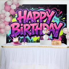 Lofaris Toile de fond joyeux anniversaire style graffiti néon et éclaboussures de peinture, décor de fête urbain et coloré pour studio photo