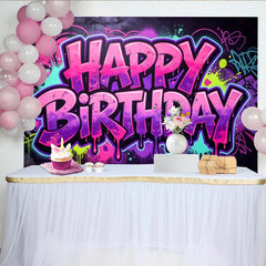 Lofaris Toile de fond joyeux anniversaire style graffiti néon et éclaboussures de peinture, coloré pour fête d'enfants ou studio photo