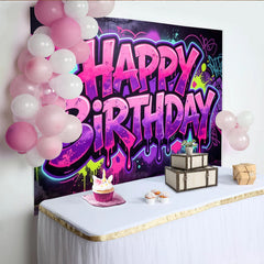 Lofaris Toile de fond joyeux anniversaire style graffiti néon et éclaboussures de peinture, coloré pour fête d'enfants ou studio photo