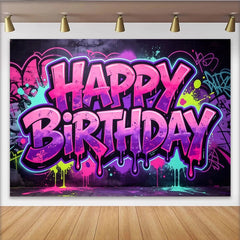 Lofaris Toile de fond joyeux anniversaire style graffiti néon et éclaboussures de peinture, coloré pour fête d'enfants ou studio photo