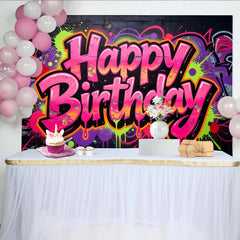 Lofaris Toile de fond anniversaire graffiti néon avec éclaboussures de peinture, décor de fête urbain et coloré pour studio photo