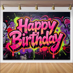 Lofaris Toile de fond anniversaire graffiti néon avec éclaboussures de peinture, décor de fête urbain et coloré pour studio photo