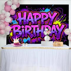 Lofaris Toile de fond anniversaire graffiti néon avec éclaboussures de peinture rose violet bleu, décor de fête urbain pour studio photo
