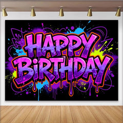 Lofaris Toile de fond anniversaire graffiti néon avec éclaboussures de peinture rose violet bleu, décor de fête urbain pour studio photo