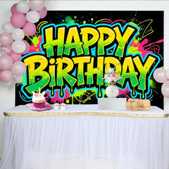 Lofaris Toile de fond d'anniversaire graffiti néon avec éclaboussures de peinture, décor de fête vibrant pour studio photo