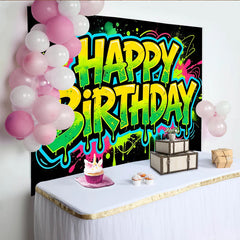 Lofaris Toile de fond d'anniversaire graffiti néon avec éclaboussures de peinture, décor de fête vibrant pour studio photo