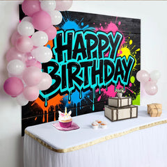 Lofaris Toile de fond anniversaire graffiti néon avec éclaboussures de peinture, arrière-plan de fête urbain et coloré pour studio photo