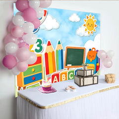 Lofaris Toile de fond colorée pour la rentrée scolaire avec chiffres et lettres, arrière-plan de photographie pour enfants avec fusée et soleil