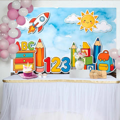 Lofaris Toile de fond anniversaire éducatif avec ABC 123 fusée et crayons pour enfants, magnifique décor de fête d'école pour studio photo