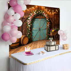 Lofaris Toile de fond de photographie rustique avec arche florale et lumières, élégant décor de grange en bois pour studio photo