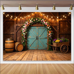 Lofaris Toile de fond de photographie rustique avec arche florale et lumières, élégant décor de grange en bois pour studio photo