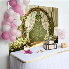 Lofaris Toile de fond pour mariage avec arche en bois rustique et fleurs roses, élégant décor romantique pour cérémonie et studio photo
