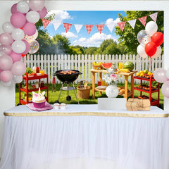Lofaris Toile de fond de photographie barbecue en plein air, ballons et guirlandes, décor de jardin estival pour séance photo