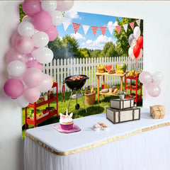 Lofaris Toile de fond de photographie barbecue en plein air, ballons et guirlandes, décor de jardin estival pour séance photo