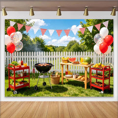 Lofaris Toile de fond de photographie barbecue en plein air, ballons et guirlandes, décor de jardin estival pour séance photo