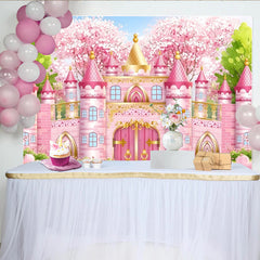 Lofaris Toile de fond château de princesse rose pour anniversaire fille, décor de printemps avec cerisiers en fleurs pour studio photo