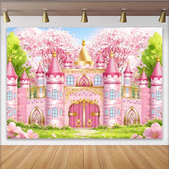 Lofaris Toile de fond château de princesse rose pour anniversaire fille, décor de printemps avec cerisiers en fleurs pour studio photo
