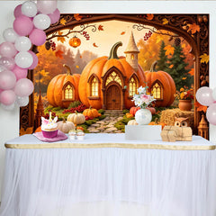Lofaris Toile de fond de photographie paysage d'automne avec maisonnettes citrouilles et feuilles, féerique pour studio photo et décoration