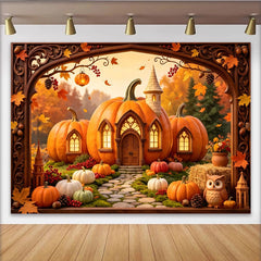 Lofaris Toile de fond de photographie paysage d'automne avec maisonnettes citrouilles et feuilles, féerique pour studio photo et décoration