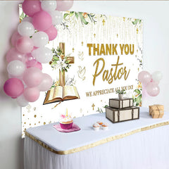 Lofaris Toile de fond de remerciement religieux avec croix et bible dorées, élégant décor floral pour célébration spirituelle et photographie