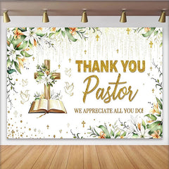 Lofaris Toile de fond de remerciement religieux avec croix et bible dorées, élégant décor floral pour célébration spirituelle et photographie