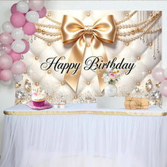 Lofaris Toile de fond joyeux anniversaire or et blanc avec nœud et perles, arrière-plan luxueux pour photographie de fête et studio