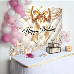 Lofaris Toile de fond joyeux anniversaire or et blanc avec nœud et perles, arrière-plan luxueux pour photographie de fête et studio