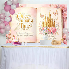 Lofaris Toile de fond pour anniversaire princesse château doré et roses roses, décor de conte de fées avec papillons pour séance photo