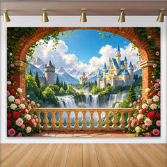 Lofaris Toile de fond de photographie château de conte de fées, magnifique décor de paysage féerique avec cascades pour studio photo