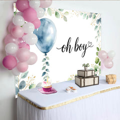 Lofaris Toile de fond pour baby shower garçon oh boy avec ballon bleu, magnifique décor de fête avec eucalyptus pour studio photo