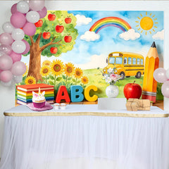 Lofaris Toile de fond de photographie pour la rentrée scolaire avec bus jaune et arc-en-ciel, arrière-plan éducatif pour studio photo