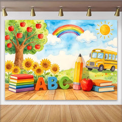 Lofaris Toile de fond de photographie rentrée scolaire avec bus, lettres ABC et livres colorés, arrière-plan éducatif pour studio photo enfants