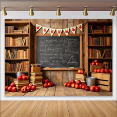 Lofaris Toile de fond de photographie salle de classe avec tableau noir et livres, décor pour studio photo et rentrée scolaire avec pommes