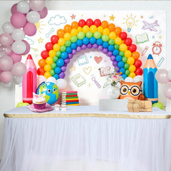 Lofaris Toile de fond rentrée scolaire colorée avec ballons arc-en-ciel, décor éducatif pour studio photo et fête d'enfants