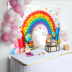 Lofaris Toile de fond rentrée scolaire ballons arc-en-ciel et fournitures, décor éducatif pour studio photo et fête d'enfants