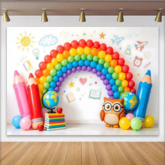 Lofaris Toile de fond rentrée scolaire ballons arc-en-ciel et fournitures, décor éducatif pour studio photo et fête d'enfants