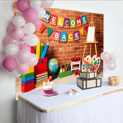 Lofaris Toile de fond colorée pour la rentrée scolaire avec fournitures, arrière-plan de studio photo mural en briques et art