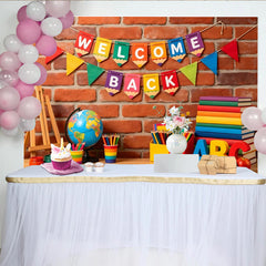 Lofaris Toile de fond mur de briques bienvenue rentrée scolaire avec fournitures, arrière-plan coloré pour studio photo et décoration de classe