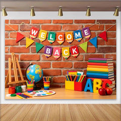 Lofaris Toile de fond mur de briques bienvenue rentrée scolaire avec fournitures, arrière-plan coloré pour studio photo et décoration de classe