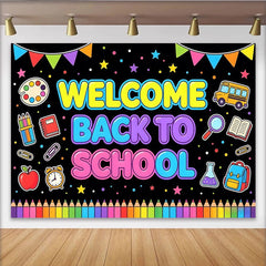 Lofaris Toile de fond colorée bienvenue à l'école avec fournitures, arrière-plan éducatif pour studio photo et fête d'école