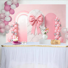 Lofaris Toile de fond rose pour anniversaire fille avec nœud et ballons, élégant décor en marbre et arc-en-ciel pour studio photo