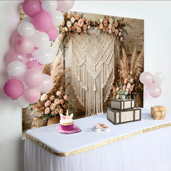 Lofaris Toile de fond de mariage bohème avec macramé et herbe de pampa, décor floral rustique pour studio photo