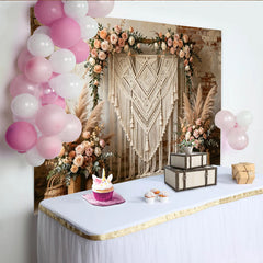 Lofaris Toile de fond de photographie bohème avec macramé et roses pêche, élégant arrière-plan floral pour portraits et événements rustiques