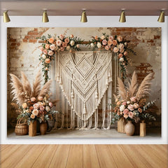 Lofaris Toile de fond de photographie bohème avec macramé et roses pêche, élégant arrière-plan floral pour portraits et événements rustiques