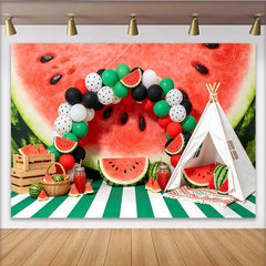 Lofaris Toile de fond pour anniversaire pastèque avec ballons et tipi, décor de fête estivale pour studio photo
