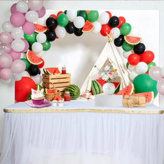 Lofaris Toile de fond anniversaire pastèque avec ballons rouges et verts, arrière-plan estival pour studio photo et célébration