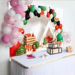 Lofaris Toile de fond anniversaire pastèque avec ballons rouges et verts, arrière-plan estival pour studio photo et célébration