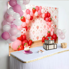 Lofaris Toile de fond rose et rouge avec motifs fraise et ballons pour anniversaire, charmant décor de fête pour studio photo et célébration